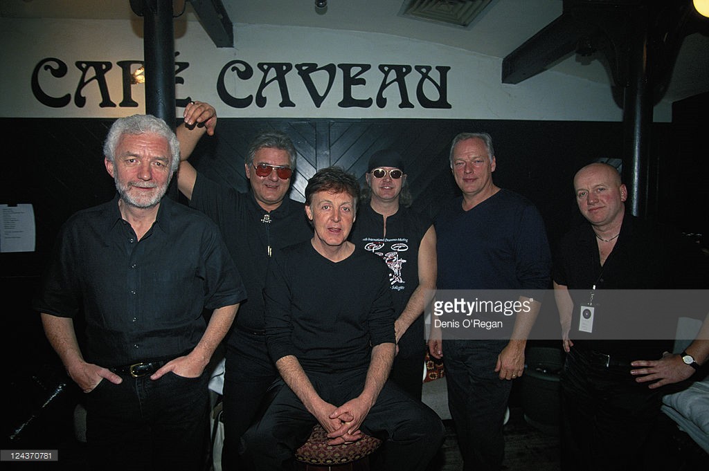 Paul McCartney with his all-star band before their concert at the Cavern Club, Liverpool, 14th December 1999. Left to right: keyboard player Pete Wingfield, guitarist Mick Green, Paul McCartney, drummer Ian Paice, guitarist David Gilmour and cajun accordionist Chris Hall.