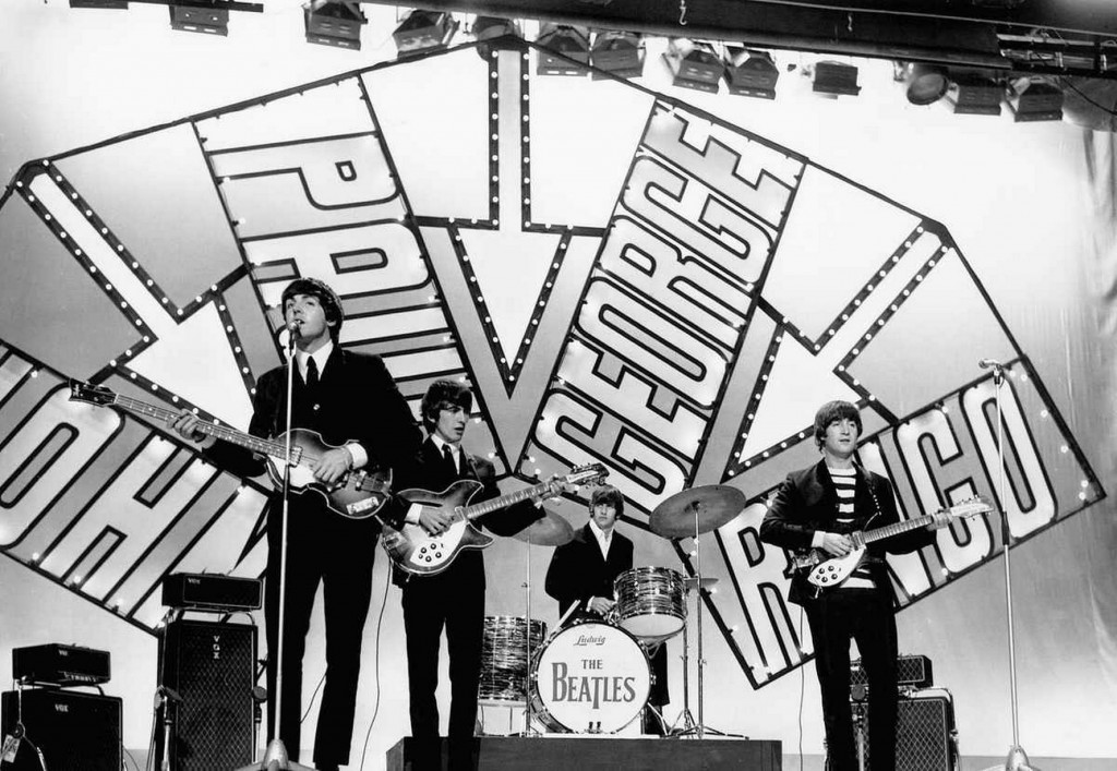 Beatles on stage in Blackpool for their appearnace on the Blackpool Night Out TV show 19 July 1964. Left to right: Paul McCartney, George Harrison, Ringo Starr and John Lennon - https://www.liverpoolecho.co.uk/news/nostalgia/july-6-1957-day-beatles-9594637