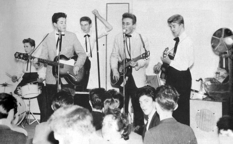 From left to right Colin Hanton, Paul McCartney, Len Garry, John Lennon, Eric Griffiths - Photograph by Leslie Kearney 
