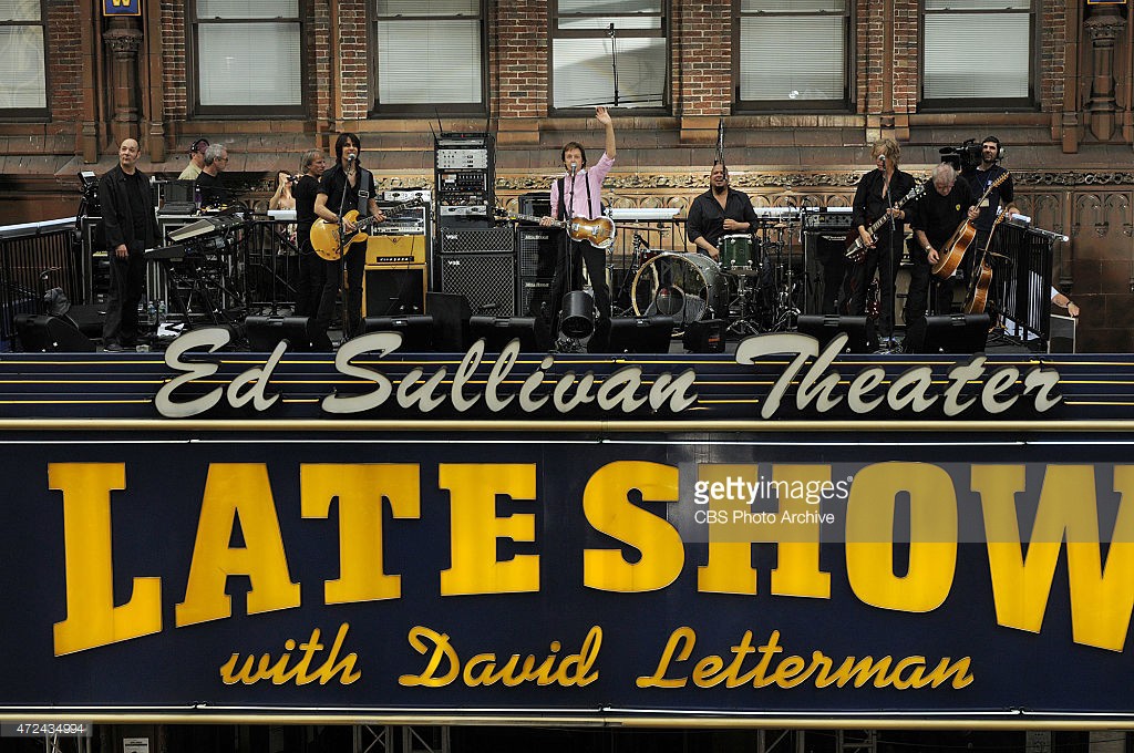 Music legend Paul McCartney performs on the Marquee of the Ed Sullivan Theater when he visits the Late Show with David Letterman Wednesday July 15, 2009 on the CBS Television Network. This photo is provided by CBS from the Late Show with David Letterman photo archive.