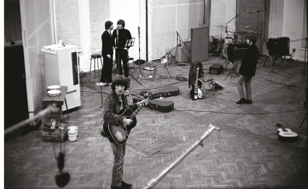 EMI STUDIOS, ABBEY ROAD, LONDON, NOVEMBER 3, 1965 A panoramic view of The Beatles at work in Studio 2 during the recording of ‘Michelle’ for Rubber Soul.  - From THE BEATLES – Looking Through You