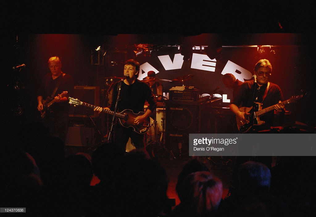 Paul McCartney with his all-star band at their concert at the Cavern Club, Liverpool, 14th December 1999. Left to right; David Gilmour, McCartney, Ian Paice (drums) and Mick Green.
