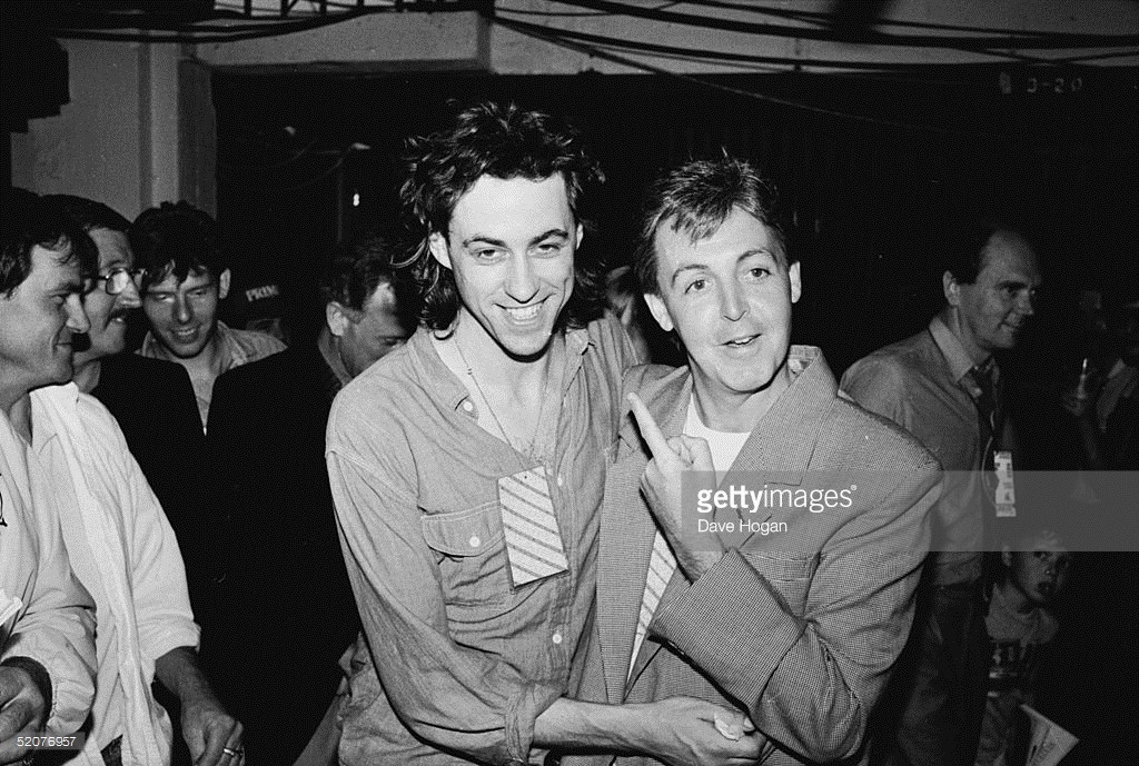 Bob Geldof and Paul McCartney backstage at Wembley Stadium during the Live Aid Concert, 13th July 1985.
