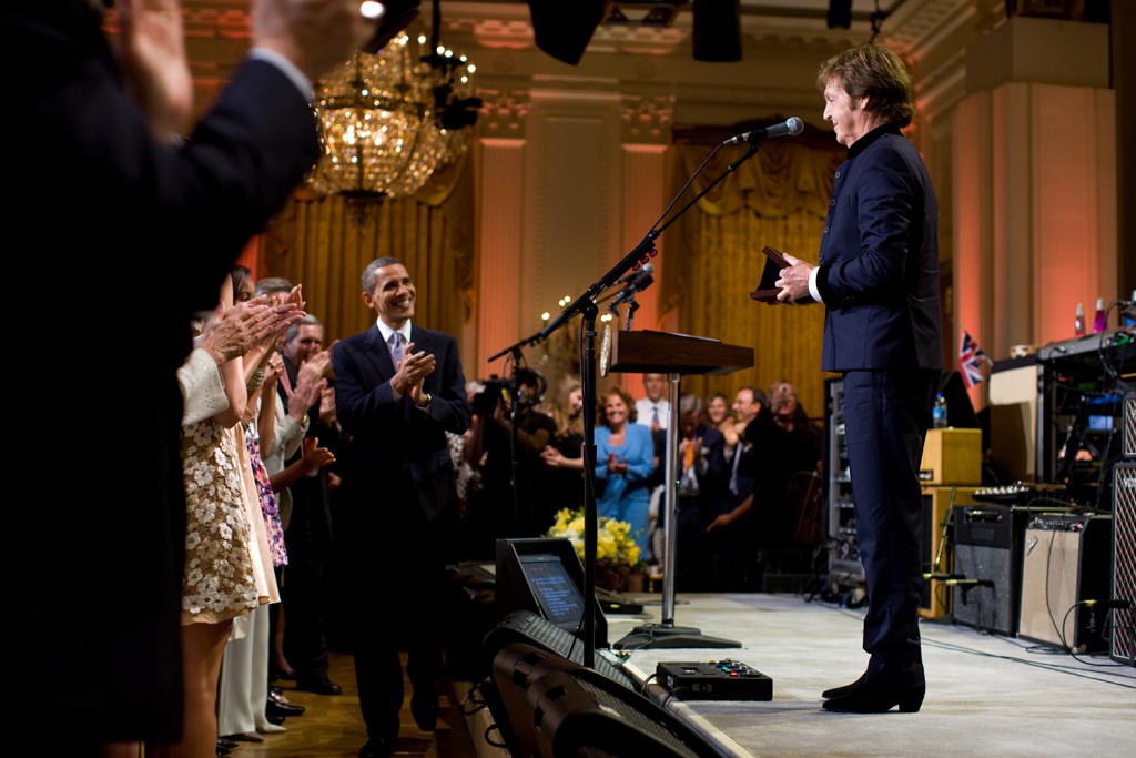 President Barack Obama, First Lady Michelle Obama, daughters, Sasha and Malia, and Marian Robinson, attend the Gershwin Prize concert honoring Paul McCartney in the East Room of the White House, June 2, 2010. Performers include: James Billington, Stevie Wonder, the Jonas Brothers, Jerry Seinfeld, Elvis Costello, Lang Lang, Jack White, Emmylou Harris, Herbie Hancock, Corinne Bailey Rae, Dave Grohl, and Faith Hill. (Official White House Photo by Pete Souza)
